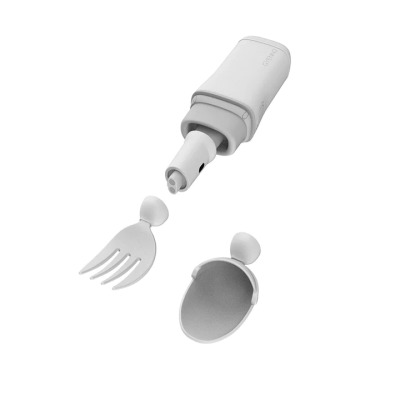 Parkinsonloeffel Gyenno Bravo Twist, weisser Griff mit abnehmbarem Loeffel und Gabelaufsatz