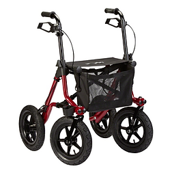 Rollator Taima XC von Dietz mit rotem Rahmen, grosser Lufträder und Einkaufstasche für Gelände