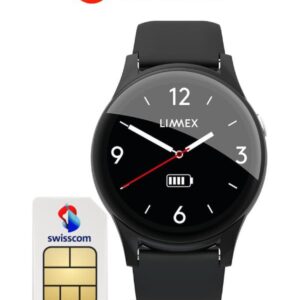 Notrufuhr Limmex in Schwarz mit Ziffernblatt, daneben Swisscom-SIM-Karte, Hinweis Schweizer Uhrentradition