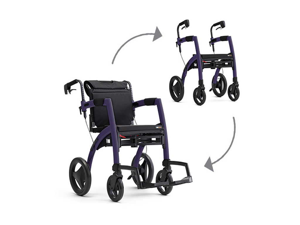 Rollz Motion in Dunkelviolett, Wechsel von Rollstuhl mit Fussstützen zu Rollator