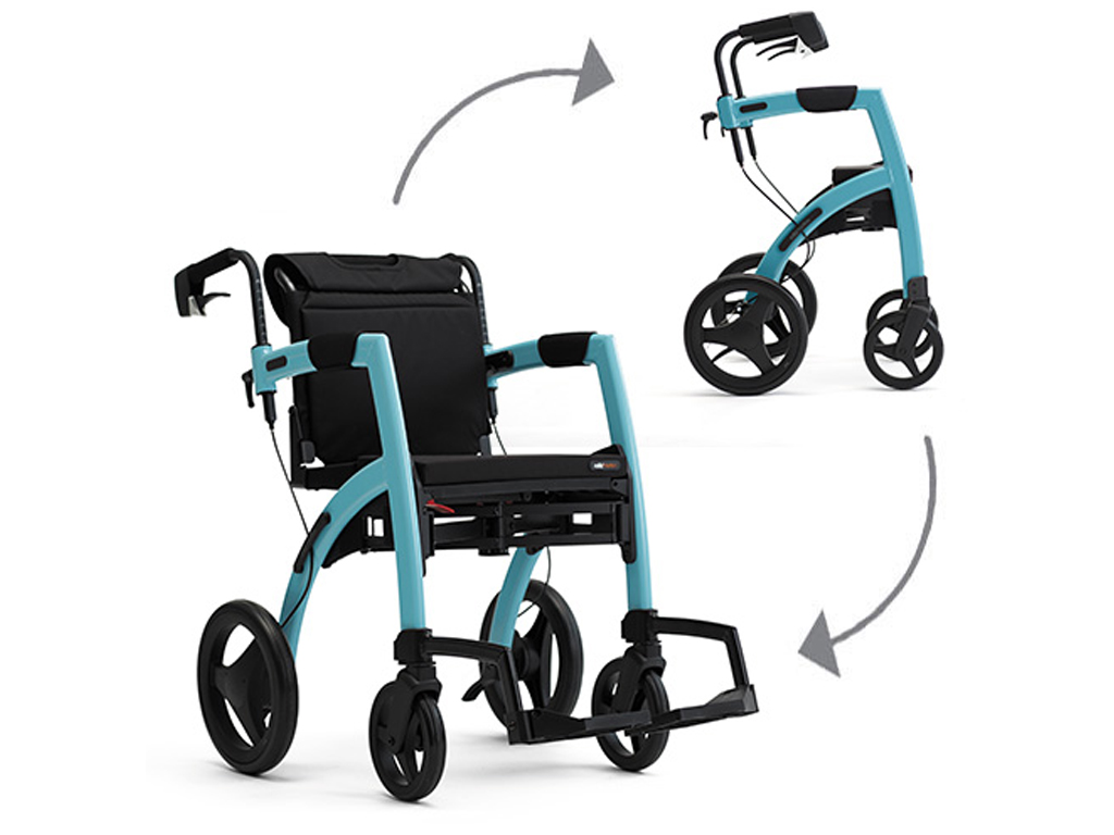Rollz Motion in Island-Blau, Kombination aus Rollstuhl mit Fussstützen und Rollator
