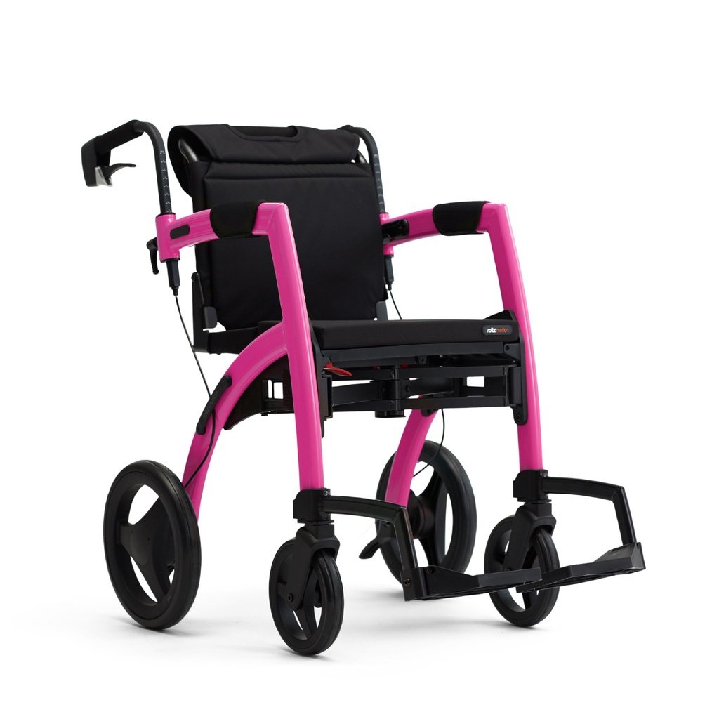 Rollz Motion in Pink als Rollstuhl mit schwarzem Sitz, Rückenlehne und Fussstützen