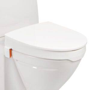 Toilettenerhöhung my-loo in Weiss mit Deckel und orangefarbenem Verschlusshebel