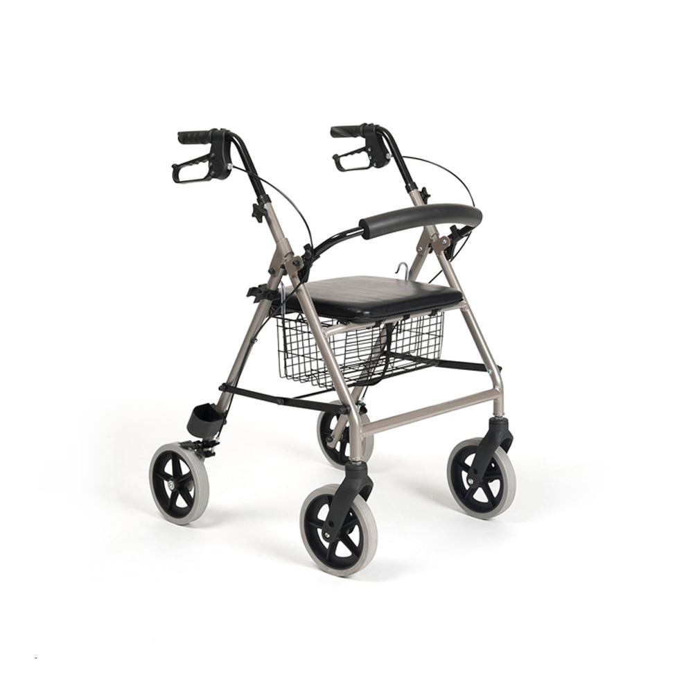 Vierrädriger Rollator Eco-Light in champagnerfarbenem Leichtbau mit Sitz und Drahtkorb
