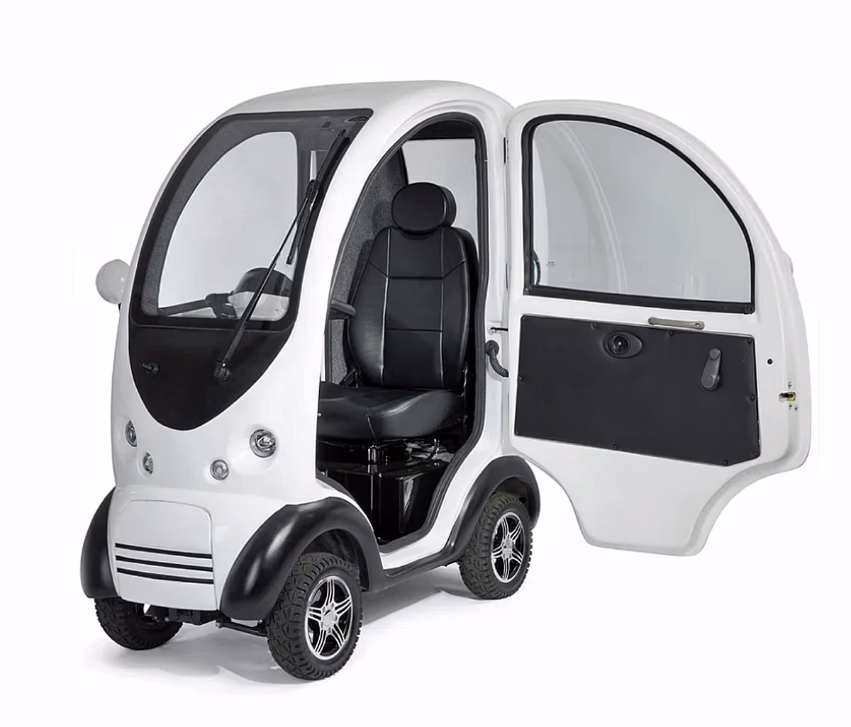 Geschlossener Kabinen-Elektroscooter Cabina in Weiss mit offener Tur, Verglasung und vier Radern