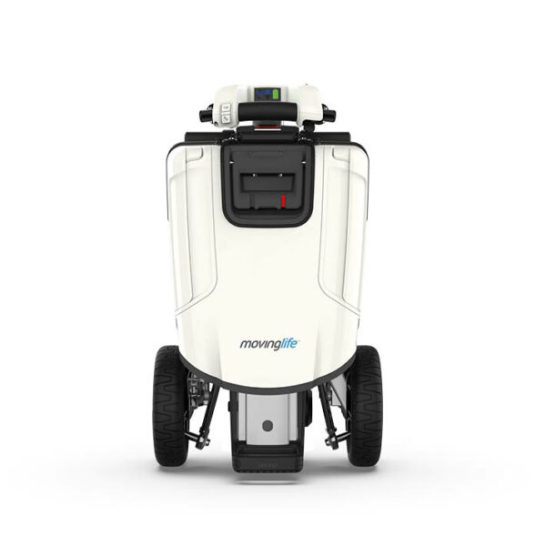 Faltbarer Elektro-Scooter ATTO in Weiss, Rückansicht mit Sitzlehne, Steuerung und zwei Vorderrädern
