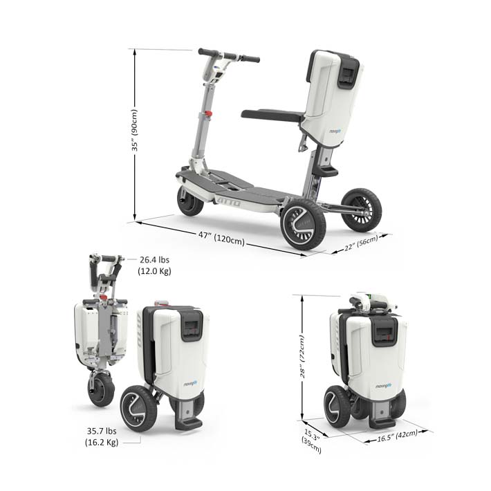 Elektro-Scooter ATTO in Weiss mit Massangaben, fahrbereit sowie zusammengeklappt als Trolley