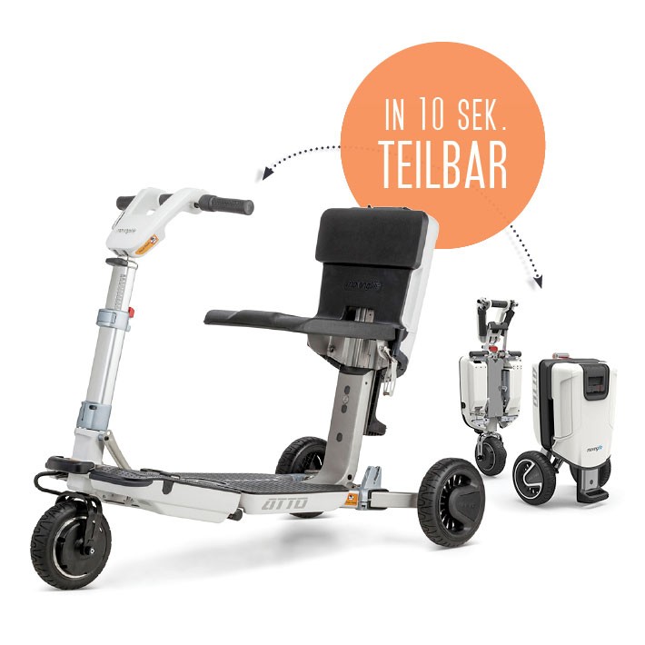 Faltbarer Elektro-Scooter ATTO in Weiss, links fahrbereit, rechts zusammengeklappt als Trolley