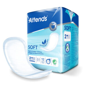 Attends Soft Inkontinenz-Einlage in Normal, ergonomisch geformte Vorlage neben der Verpackung