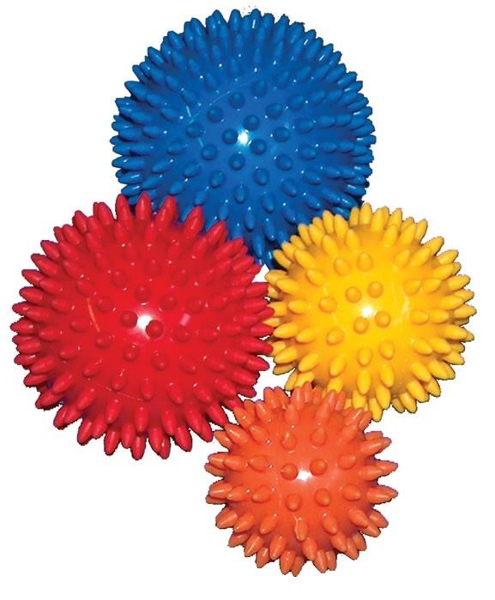 Igelball-Set, vier Noppenbälle in Blau, Rot, Gelb und Orange für Massage und Therapie