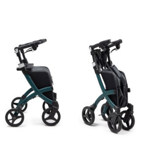 Rollator Rollz Flex in Dschungelgruen, gefaltet und aufgeklappt in der Seitenansicht