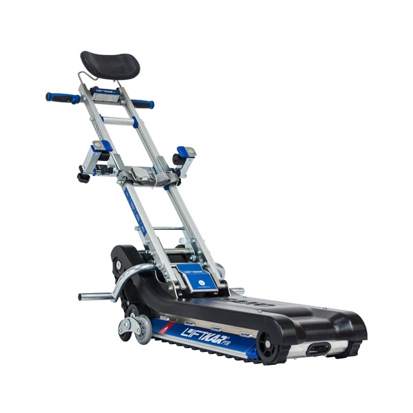 Treppenraupe Liftkar PTR 130, schwarze Gummiraupe, Aluminiumgestell und blaue Haltegriffe
