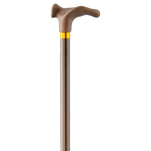 Gehstock Comfort mit anatomischem braunem Softgriff, höhenverstellbares Rohr mit Goldring