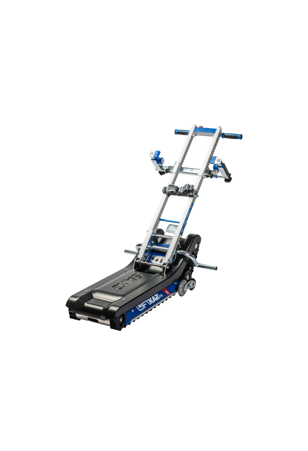 Treppenraupe Liftkar PTR 130 mit schwarzer Gummiraupe, Aluminiumgestell und blauen Griffen