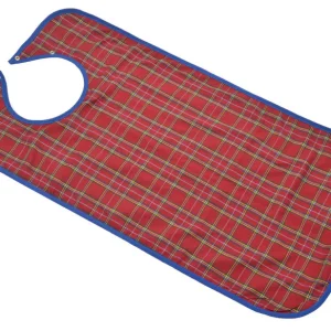 Esslätzchen mit rot-blau kariertem Stoff, blauer Einfassung und rundem Halsausschnitt