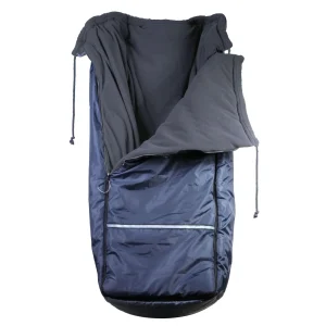 Schlupfsack in Dunkelblau mit grauem Innenfutter, Reissverschluss und Reflektorstreifen für Rollstuhl