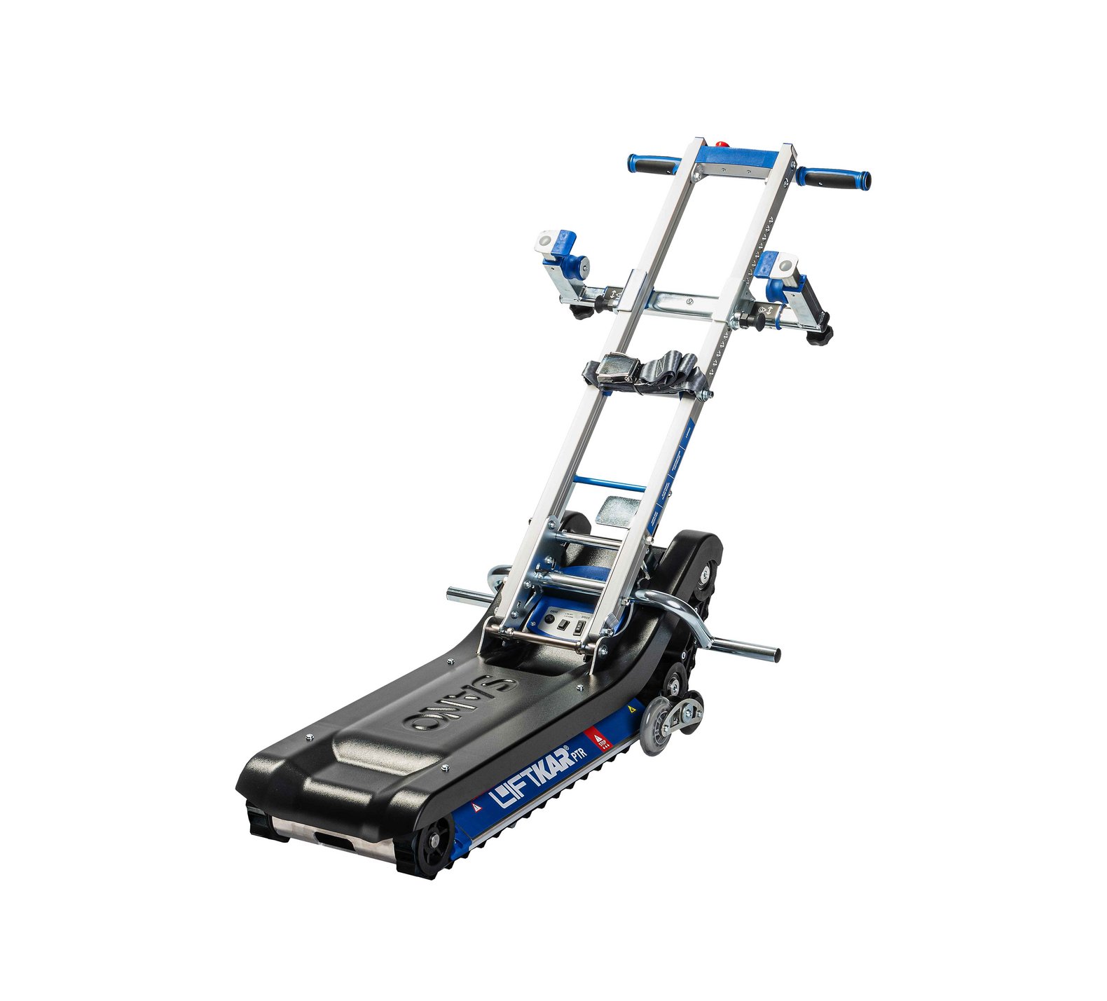 Treppenraupe Liftkar PTR 130 mit schwarzer Gummiraupe, Aluminiumgestell und blauen Griffen