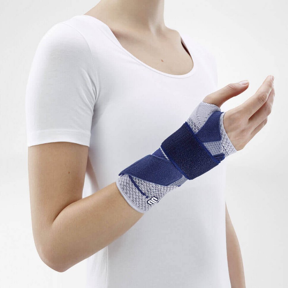 Handgelenkbandage ManuTrain in Grau-Blau mit Klettgurt, am rechten Handgelenk getragen