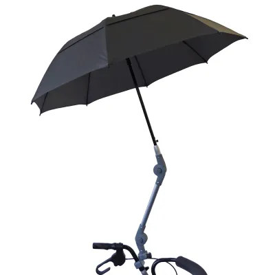 Rollatorschirm universal in Schwarz mit Halterung, montiert an einem Rollator-Holm