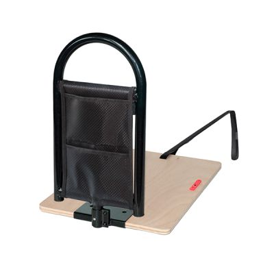 Bettgriff BedCane in Schwarz mit Aufstehbuegel, Seitentasche und Holzplatte
