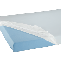 Matratzenschutz PU, weisser Spannbezug über blauer Matratze