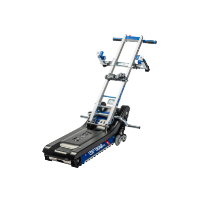 Treppenraupe Liftkar PTR 130 mit schwarzer Gummiraupe, Aluminiumgestell und blauen Griffen