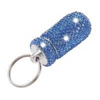 Pillenbox als Schlüsselanhänger, blau funkelnde Strass-Dose aus Metall mit Schlüsselring