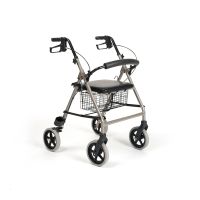 Vierrädriger Rollator Eco-Light in champagnerfarbenem Leichtbau mit Sitz und Drahtkorb