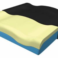 Rollstuhlkissen XSEAT im Querschnitt mit gelbem Schaumkern und blauer Basis (Symbolbild)