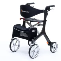 Rollator Carbon von besco medical in Schwarz mit gepolstertem Sitz und Korb