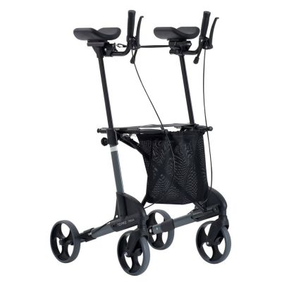 Schwarzer Aufrecht-Rollator Topro Troja Walker mit Unterarmauflagen und Netzkorb
