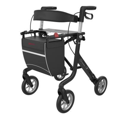 Rollator Streamer Carbon in Schwarz mit Sitz, Rueckengurt und Tasche