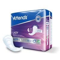 Attends Lady Night Pad 6 Nachteinlage mit breiterem Rueckenteil neben lila Verpackung