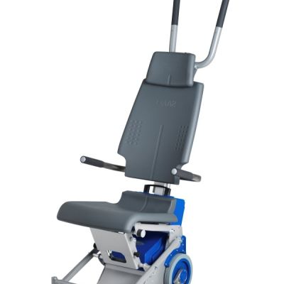 Treppensteiggeraet Liftkar PT-S 130 mit grauem Sitz, Rueckenlehne und blauem Antriebsrad