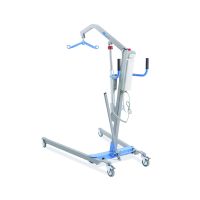 Patientenlifter Muevo 200 kg, fahrbarer Personenlifter mit grauem Mast, blauem Spreizbügel und Rollen