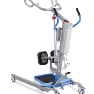 Aufstehlifter Muevo up, mobiler Stehlifter mit Haltegriffen, Kniestütze, Fussplatte und blauem Fahrgestell
