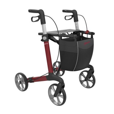 Rollator Router mit rotem Rahmen, schwarzer Einkaufstasche und vier Rädern für den Aussenbereich