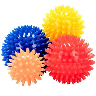 Igelball-Set, vier Noppenbälle in Blau, Rot, Gelb und Orange für Massage und Therapie