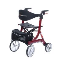 Faltbarer Rollator Spring mit rotem Rahmen, schwarzem Sitz, Rückengurt und Einkaufstasche