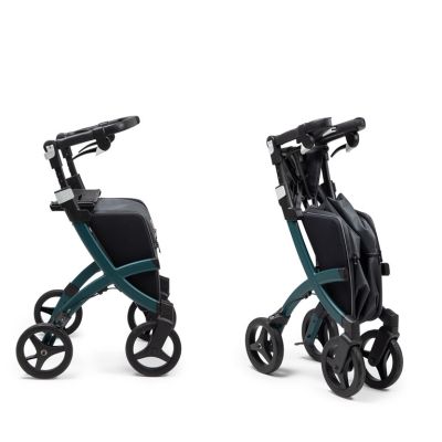Rollator Rollz Flex in Dschungelgruen, gefaltet und aufgeklappt in der Seitenansicht