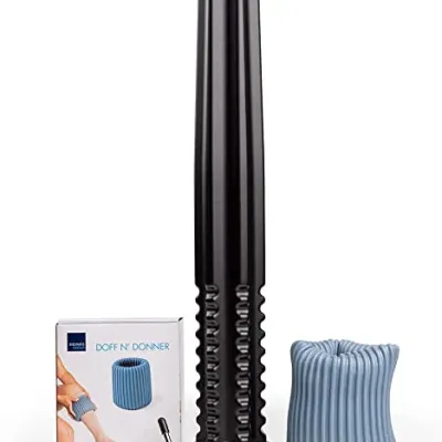 Doff n Donner Set, schwarze Rollhilfe mit blauer Manschette zum An- und Ausziehen von Kompressionsstrümpfen