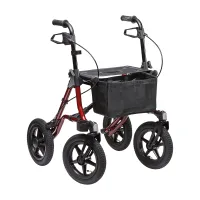 Rollator Taima XC von Dietz mit rotem Rahmen, grosser Lufträder und Einkaufstasche für Gelände