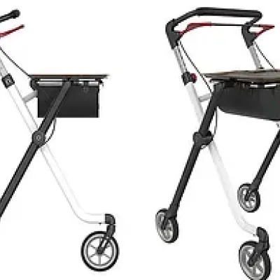 Indoor-Rollator in Weiss mit Sitzablage und Tasche, schmales Gestell für die Wohnung
