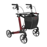 Rollator Router mit rotem Rahmen, schwarzer Einkaufstasche und vier Rädern für den Aussenbereich