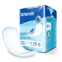 Attends Soft Inkontinenz-Einlage in Normal, ergonomisch geformte Vorlage neben der Verpackung