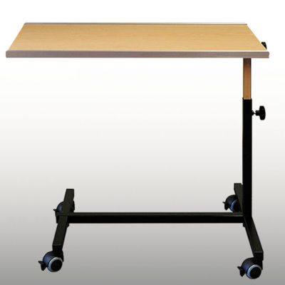 Höhenverstellbarer Krankentisch und Beistelltisch mit Holzplatte, schwarzem Gestell und Rollen