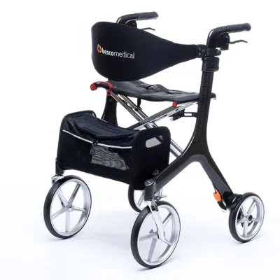 Rollator Carbon von besco medical in Schwarz mit gepolstertem Sitz und Korb