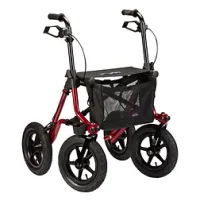 Rollator Taima XC von Dietz mit rotem Rahmen, grosser Lufträder und Einkaufstasche für Gelände