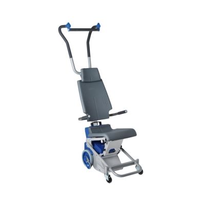 Treppensteiggeraet Liftkar PT-S 130 mit grauem Sitz, Rueckenlehne und blauem Antriebsrad