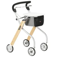 Indoor-Rollator Let's go in Silber mit Holzoptik, Korb und Ablagebrett